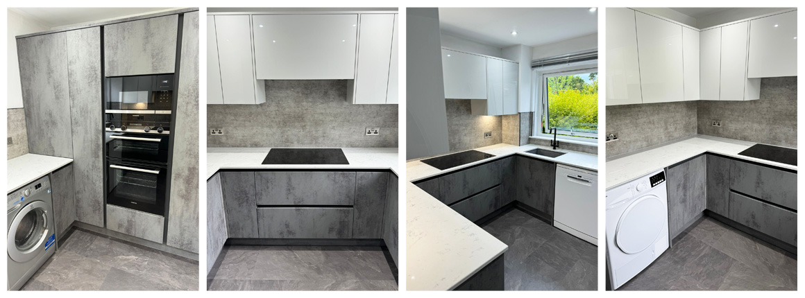 Glacier handleless kitchen with quartz alloy worktops in Livingston