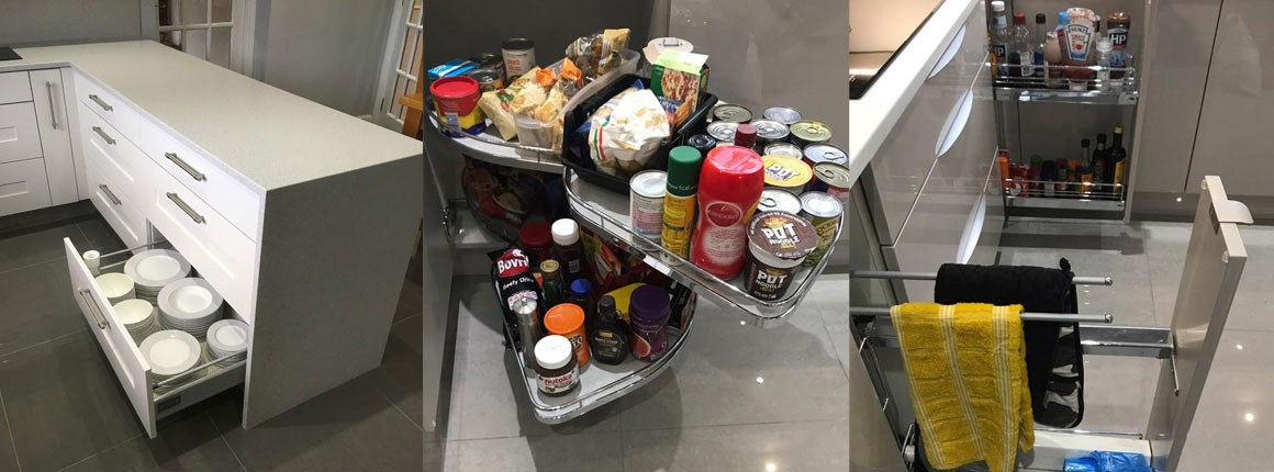 Modern kitchen storage solutions with organised cabinets and clutter-free worktops.