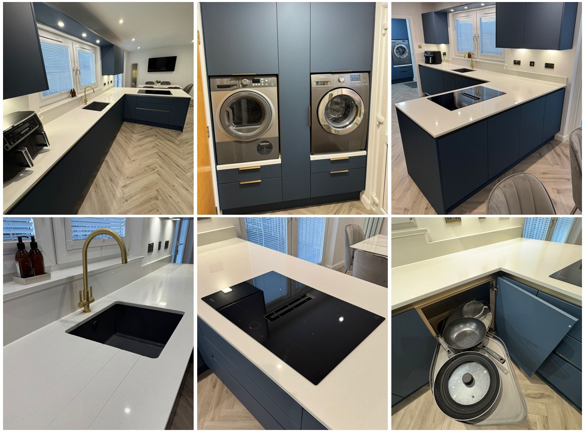 Persian blue handleless kitchen with white quartz worktops and integrated appliances