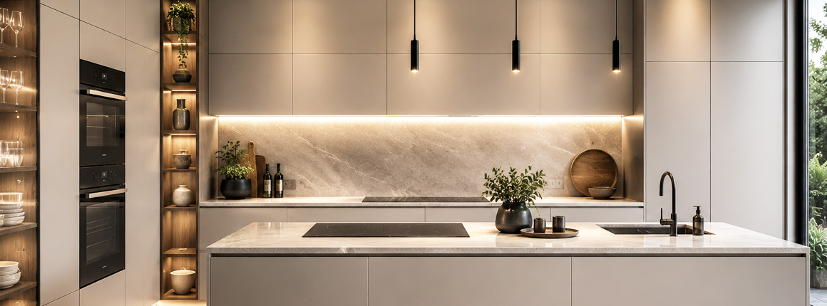 Modern handleless kitchen design creating a spacious and minimalist open-plan living space by JRW Kitchens