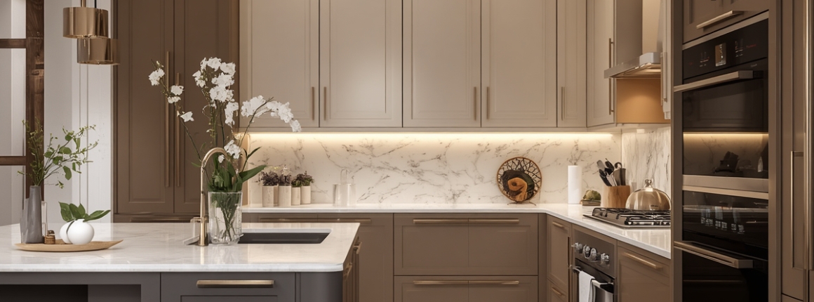 Elegant two-tone bespoke kitchen featuring contrasting cabinetry and premium finishes.
